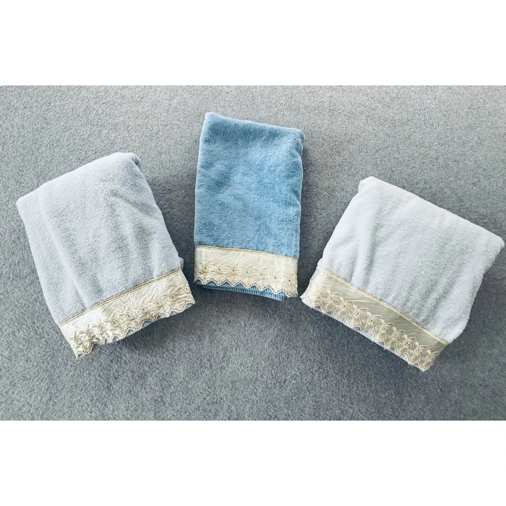 Vintage 3 pc Marlborough Blue Bath & Hand Towel Lace Cottagecore Shabby Chic